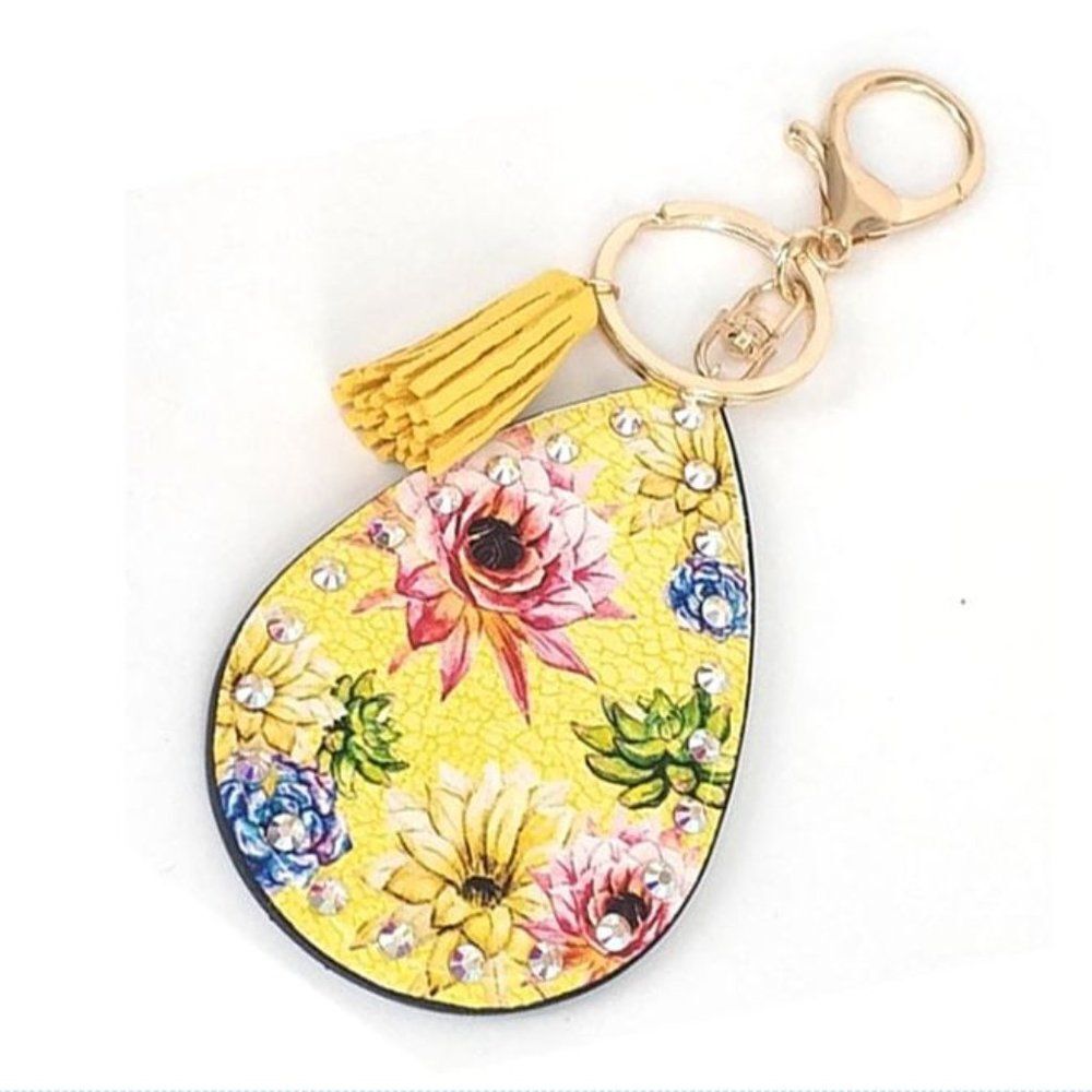 Leatherette Teardrop Key Chain - Flower - Yellow